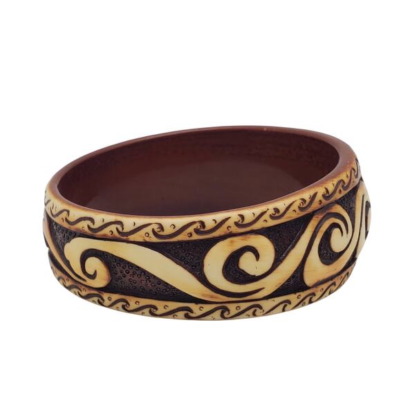 Tribal Swirl Bangle Bracelet Faux Wood Resin Cuff Boho Ethnic Brown Tan Acrylic - Picture 3 of 8